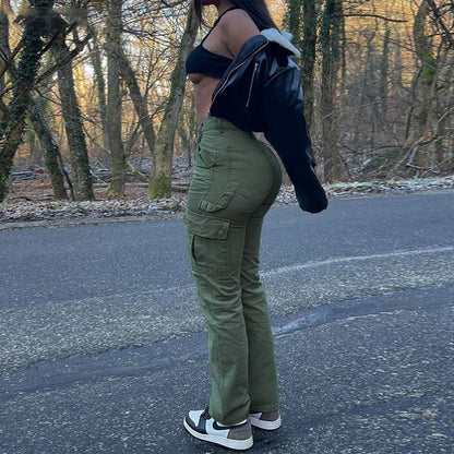 Pantalon Cargo à jambes droites pour femmes, taille haute, poches, Baggy décontracté, Denim, cordon de serrage, Streetwear, pantalon de jogging extensible, Y2K 