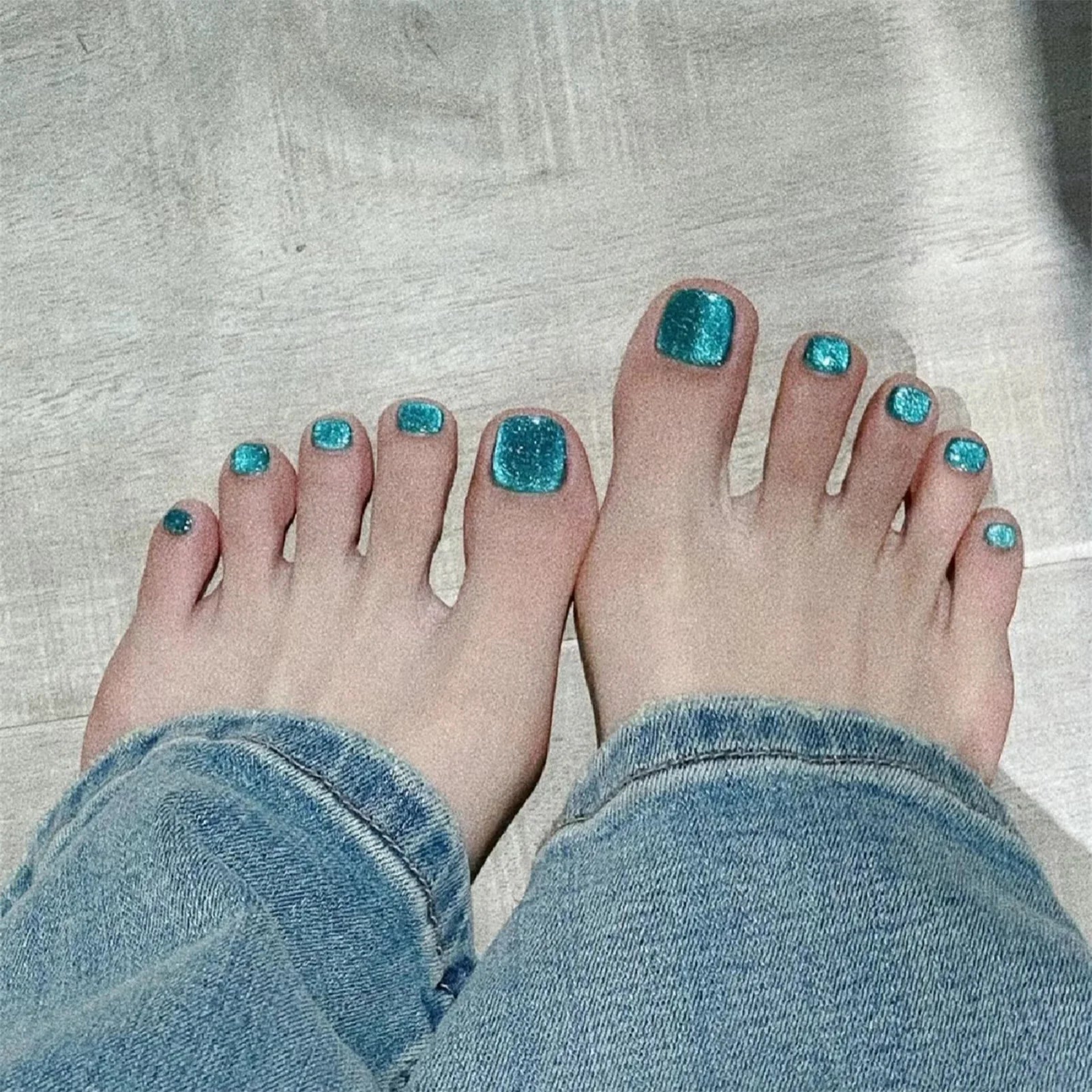 24pcs Summer False Toenails Aurora Cat Eye Fake Toenail Patches Beach Wearable Detachable Square Head Press on Toe Nails 7