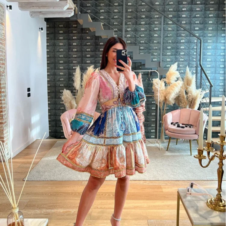 Retro Stripe Print Patchwork Maxi Dresses Women Loose V Neck Long Lantern Sleeve Long Dress Spring Chic Female Beach Casual Robe