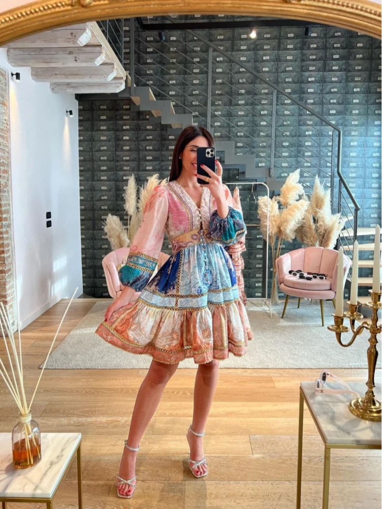 Retro Stripe Print Patchwork Maxi Dresses Women Loose V Neck Long Lantern Sleeve Long Dress Spring Chic Female Beach Casual Robe