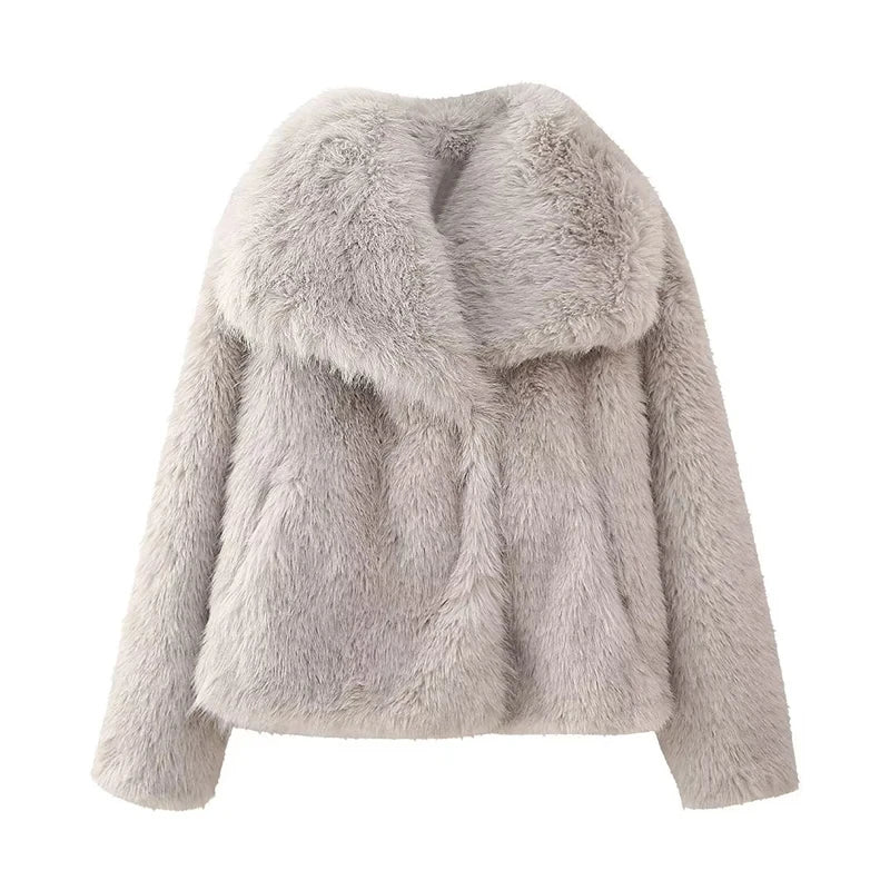 DUOPERI Women Fashion Winter Solid Thick Warm Faux Fur Coat Lapel Collar Long Sleeves Female Chic Lady Casual Outfits Grey