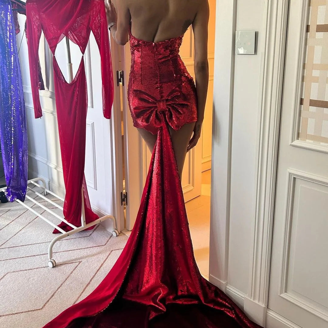 2023 Christmas Shinning Sequins Nightclub Party Celebrate Dress Women Sexy Strapless Bodycon Big Bow Mini Dress