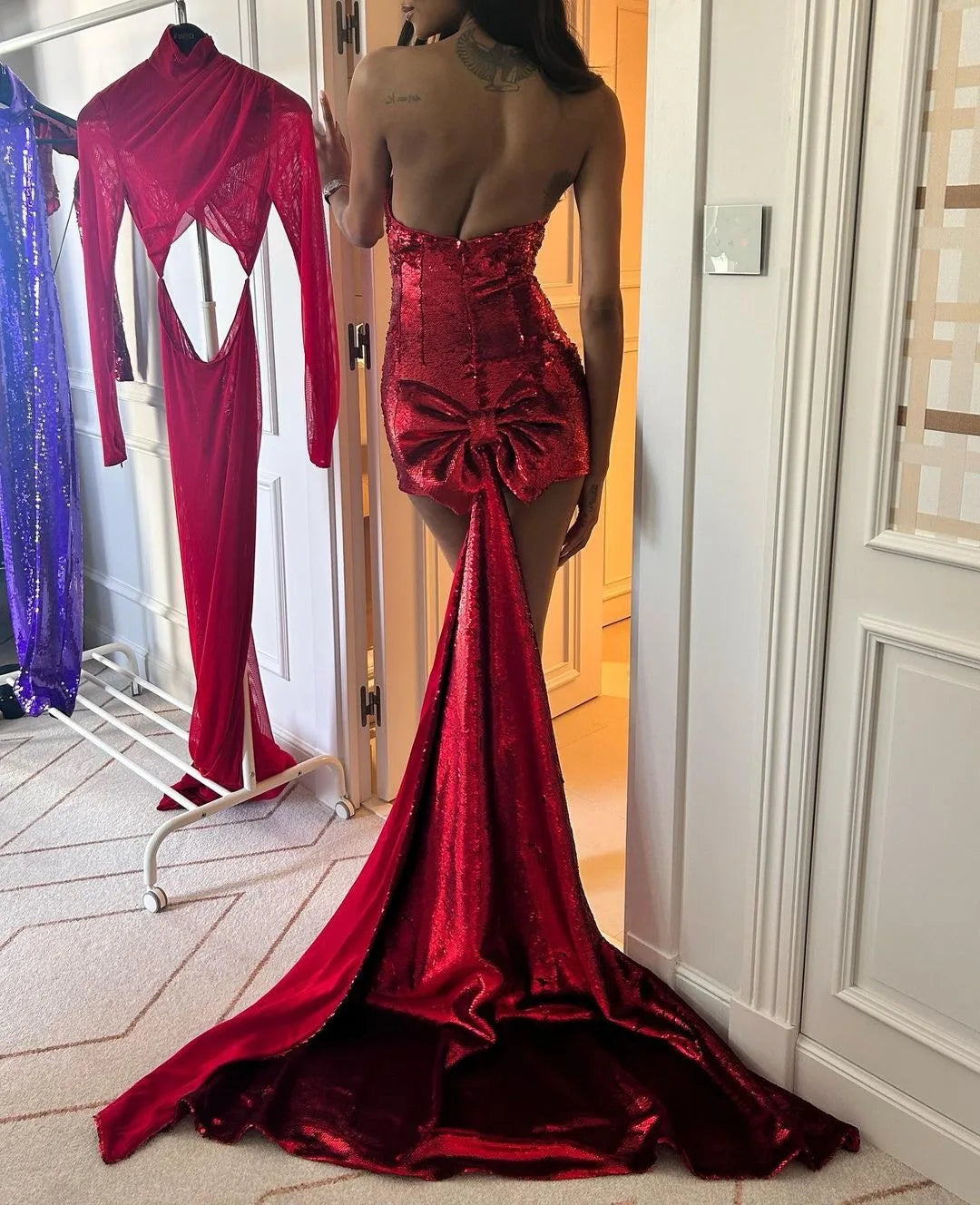 2023 Christmas Shinning Sequins Nightclub Party Celebrate Dress Women Sexy Strapless Bodycon Big Bow Mini Dress