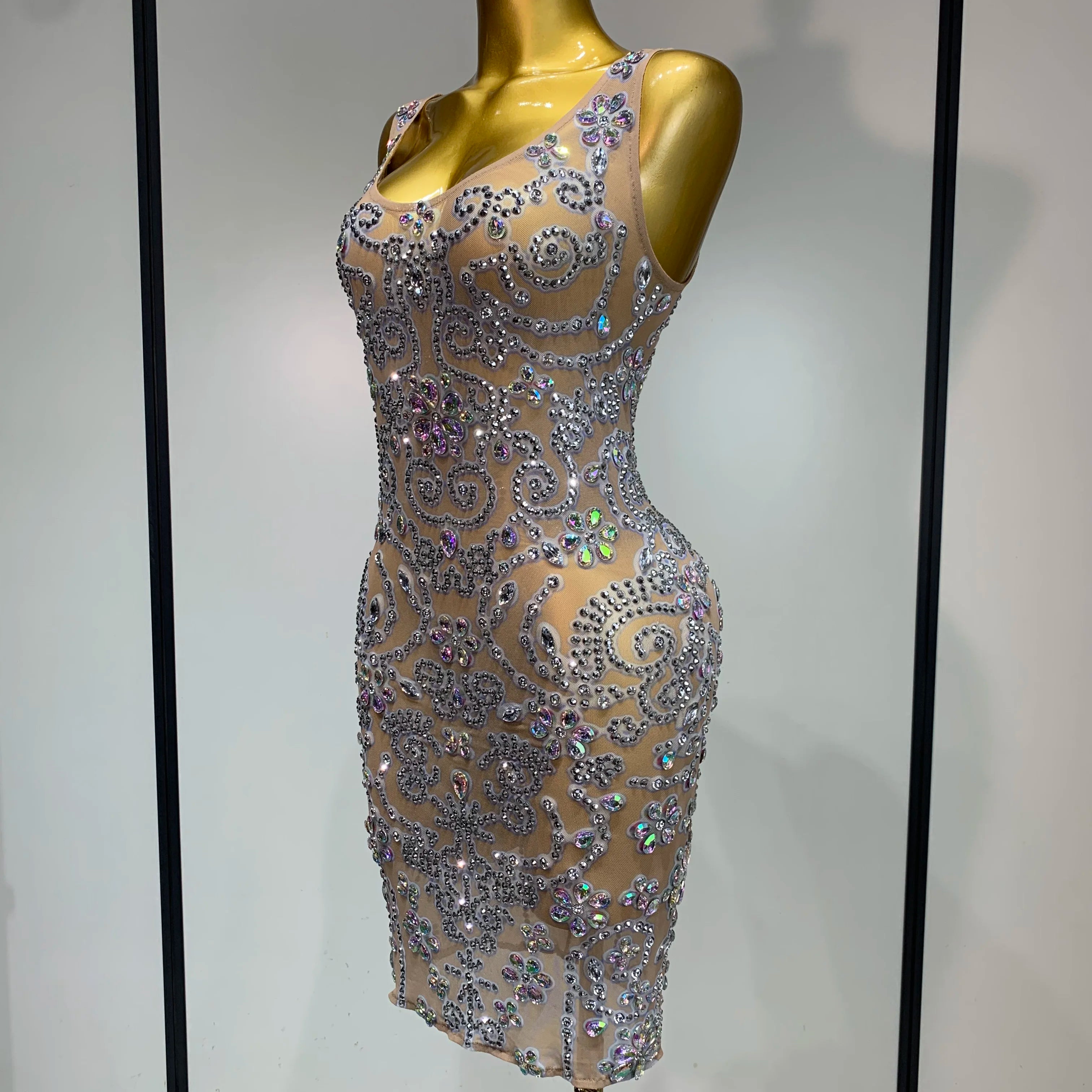 Celebrity Elegant Party Sparkly Rhinestones Transparent Mesh Short Dress Luxury Birthday Nightclub Outfit Perform Stage Costume