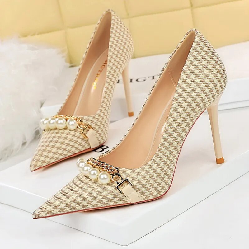 Spring Women Pumps Pearl Metal Chain High-heels Checked Grain Stilettos Women's Heels Luxury Banquet Shoes 43 9283-1-Apricot-9.5CM