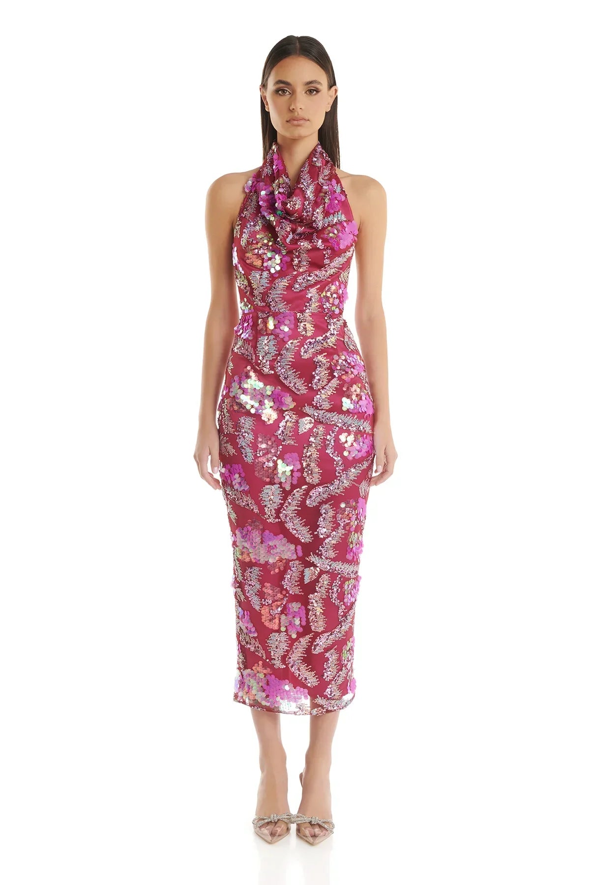 Women Sexy Halter Off the Shoulder Shinning Sequins Embroidery Bodycon Mid-calf Dress Elegant Evening Party Dress