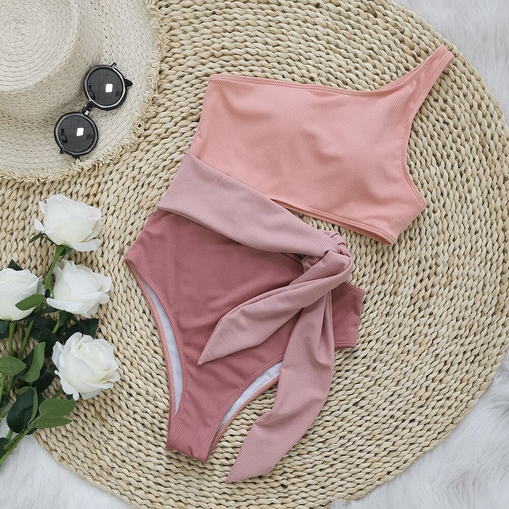 Plain One-Shoulder Midriff Outfit Strap Bikini Set Nude