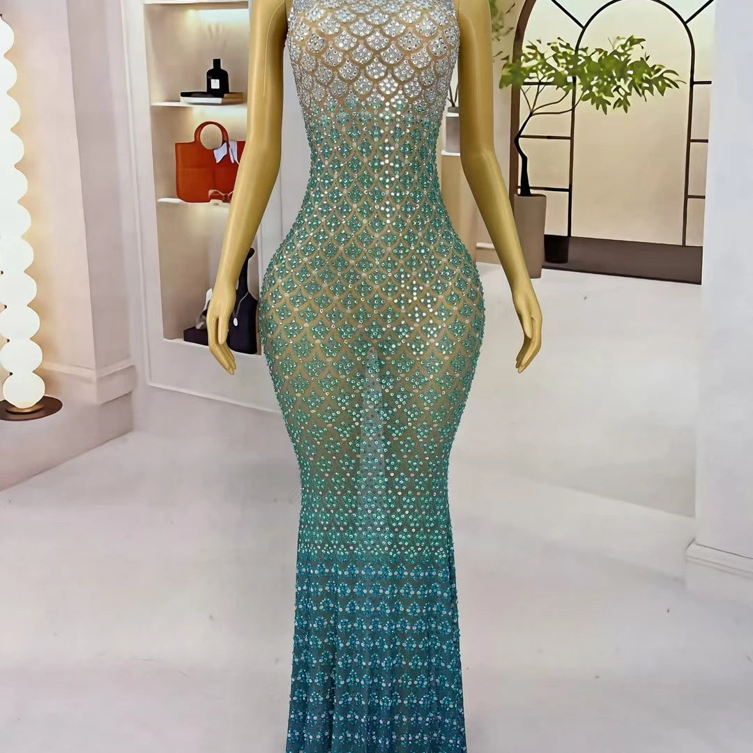 Trendy Gradient Sparkling Crystal Sheer Mesh Long Dress Sexy High-end Skinny Evening Dress Birthday Night Party Outfit Qingshe
