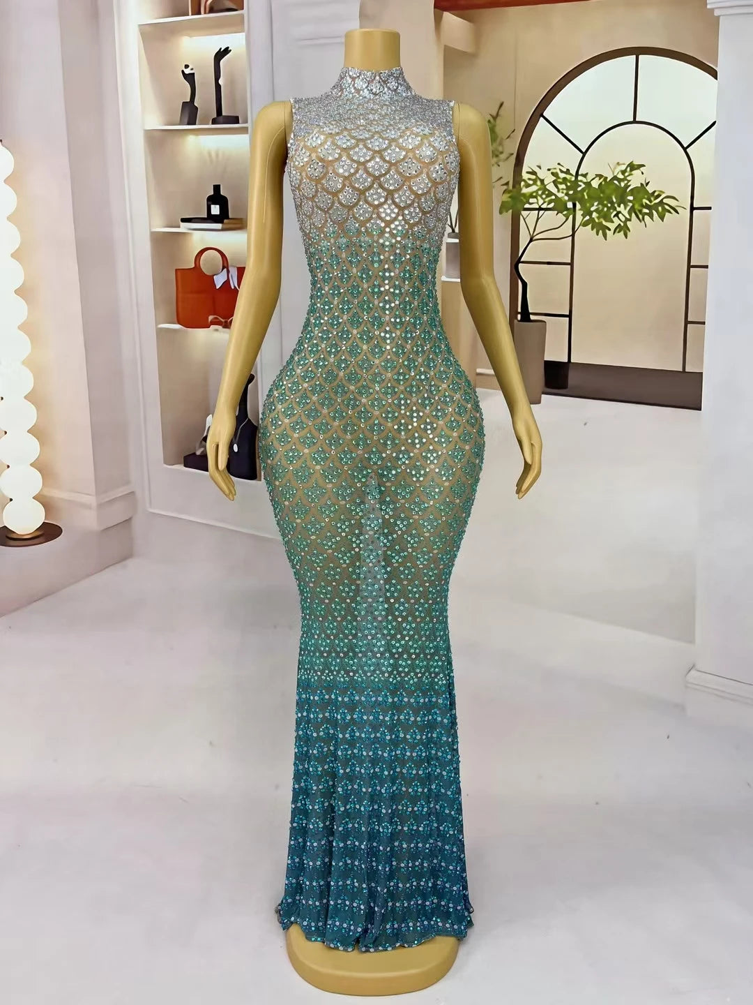 Trendy Gradient Sparkling Crystal Sheer Mesh Long Dress Sexy High-end Skinny Evening Dress Birthday Night Party Outfit Qingshe