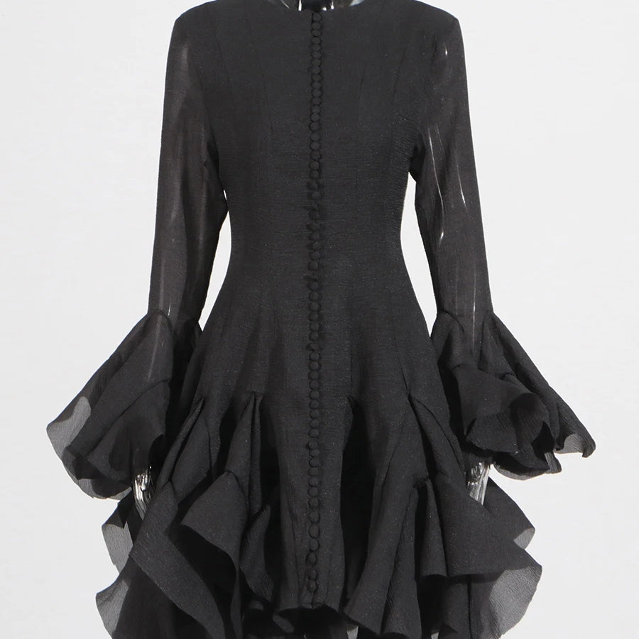 Solid Spliced Button Slimming Dresses For Women O Neck Long Sleeve High Waist Patchwork Ruffles Female Fashion New BLACK