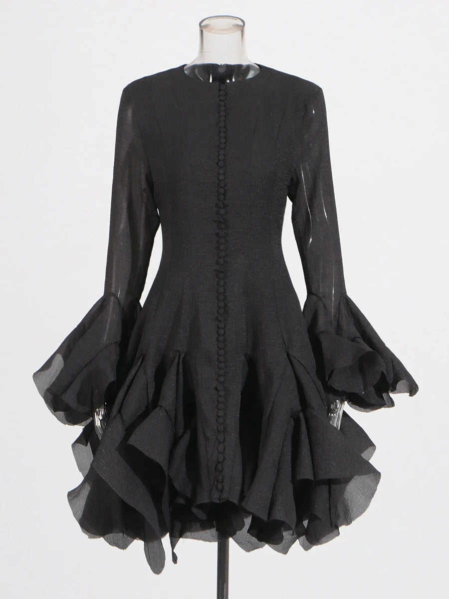 Solid Spliced Button Slimming Dresses For Women O Neck Long Sleeve High Waist Patchwork Ruffles Female Fashion New BLACK