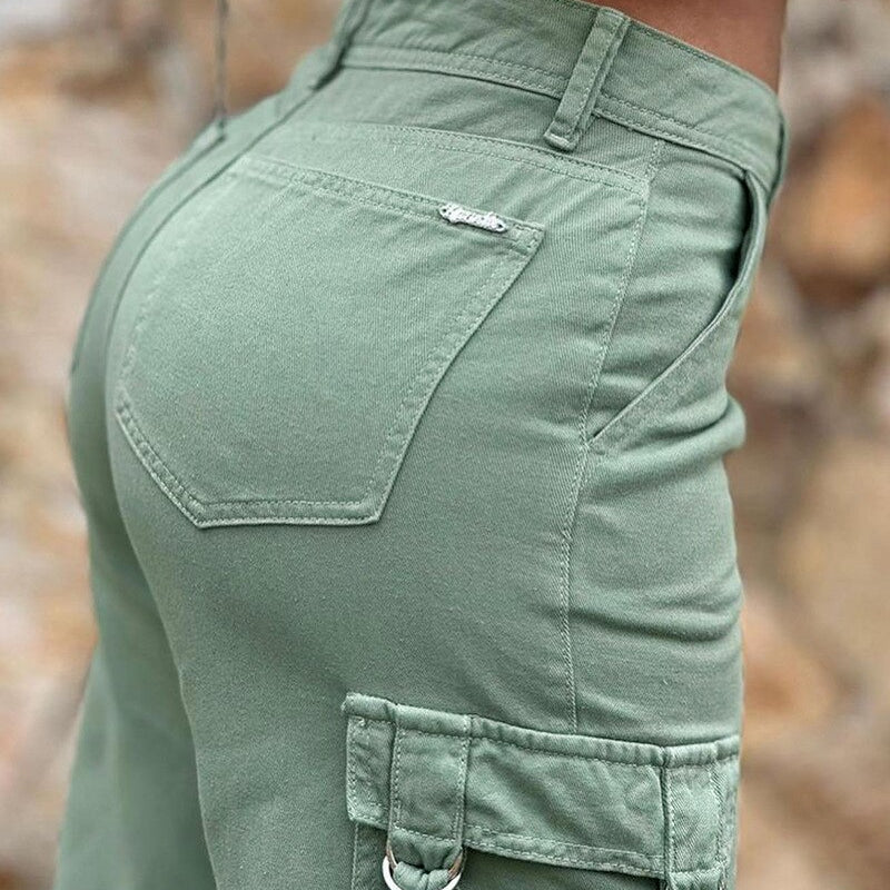 Pocket Design High Waist Cargo Pants Women Solid Color Summer Spring Pants Safari