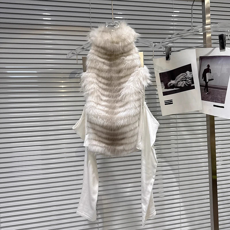 Winter New Fashion Gradient Furry Patchwork Off-Shoulder T-Shirt For Women Versatile Slim Fit Tops Female 11A07698 White One Size