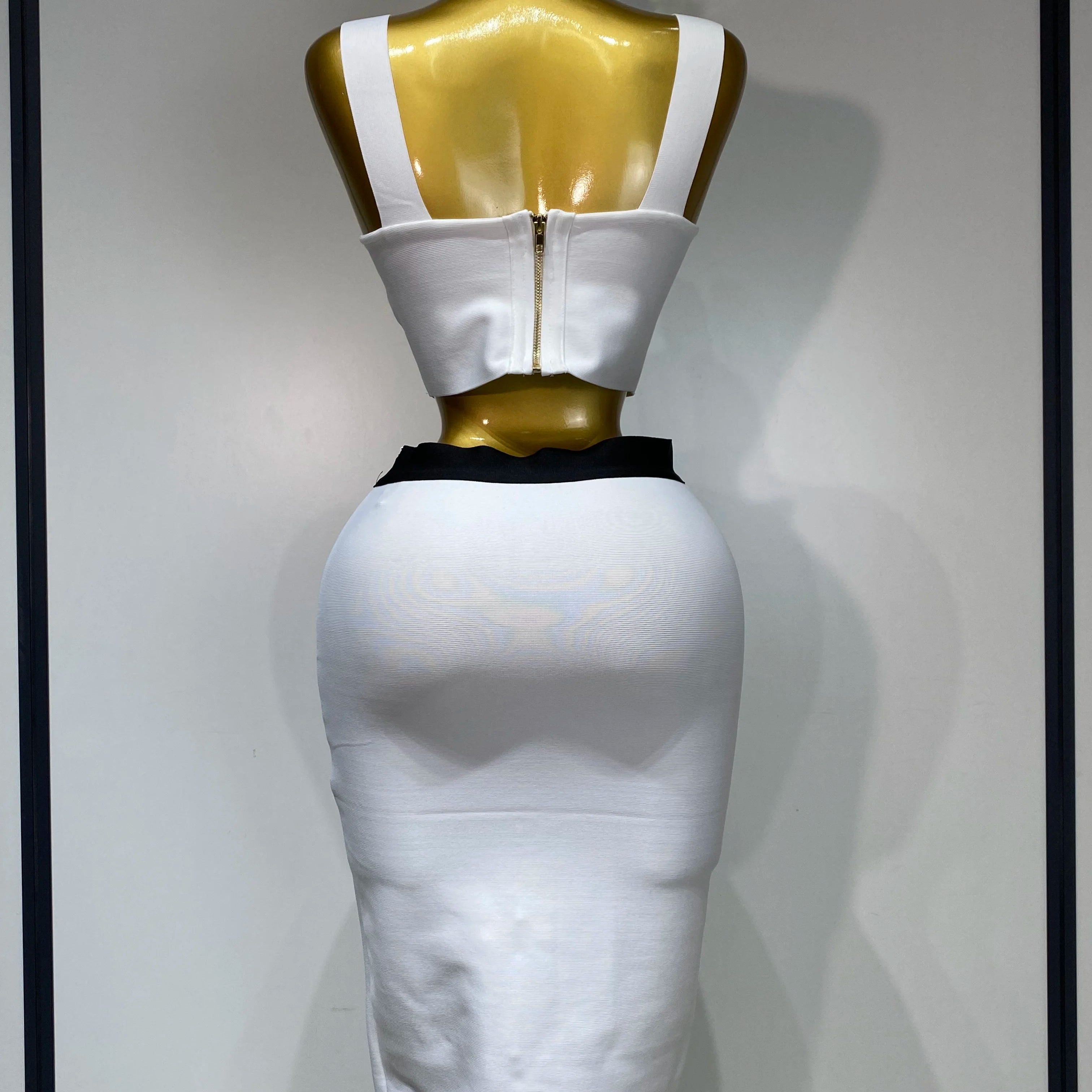 Women Button Patchwork White Black Bodycon Bandage Two Piece Set 2025 Designer High Waist Party Club Skirt Set