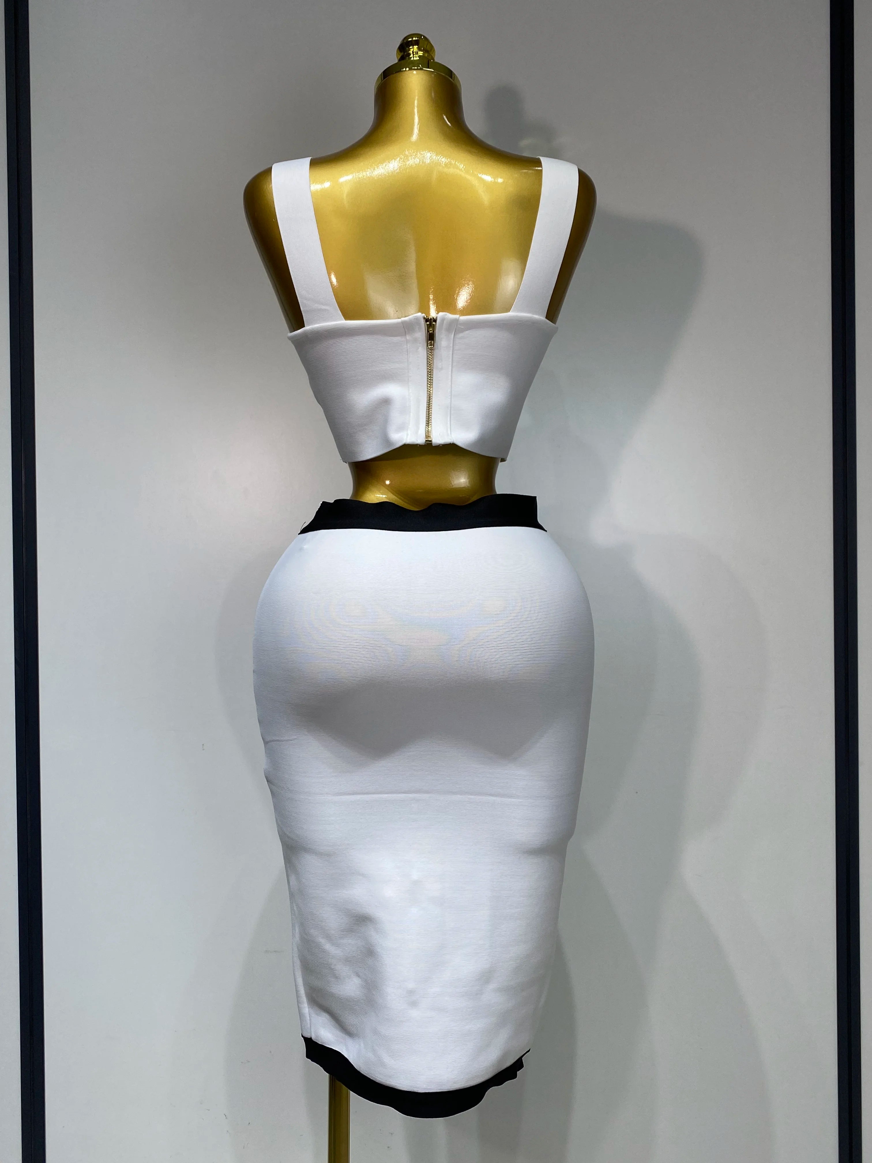 Women Button Patchwork White Black Bodycon Bandage Two Piece Set 2025 Designer High Waist Party Club Skirt Set