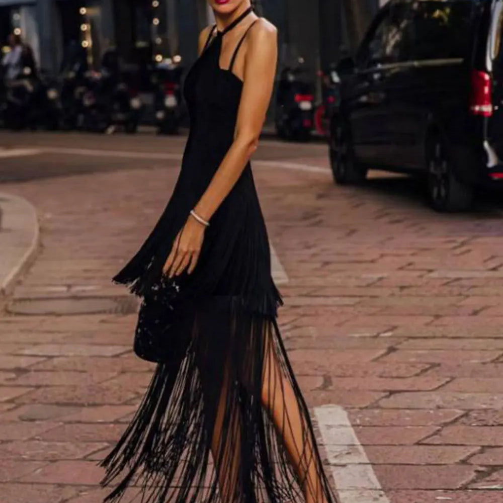 2025 Women Tassel Design Bandage Long Dress Hanging Neck Sleeveless Bodycon Backless Dress Celebrity Evening Club Party Vestidos
