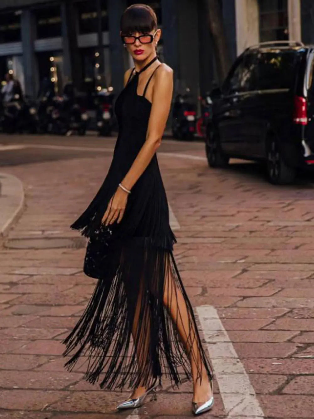 2025 Women Tassel Design Bandage Long Dress Hanging Neck Sleeveless Bodycon Backless Dress Celebrity Evening Club Party Vestidos