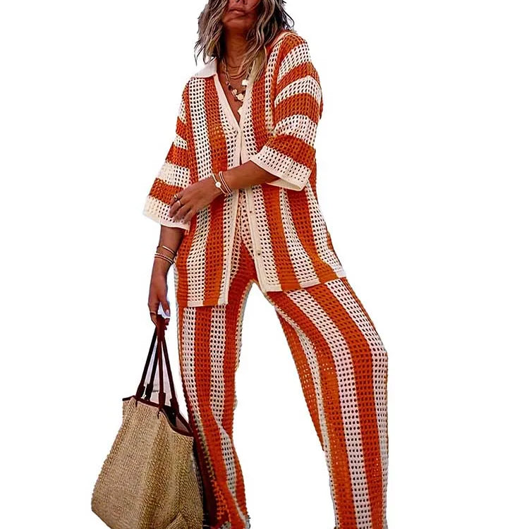 Summer Outfits for Women Vacation Hollow Out Sweater Shirt and Trouser Lady Casual Sexy Plus Size Sets 2 Piece Pants Sets Wide Orange
