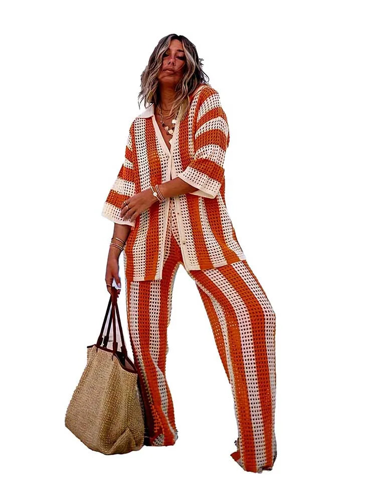 Summer Outfits for Women Vacation Hollow Out Sweater Shirt and Trouser Lady Casual Sexy Plus Size Sets 2 Piece Pants Sets Wide Orange