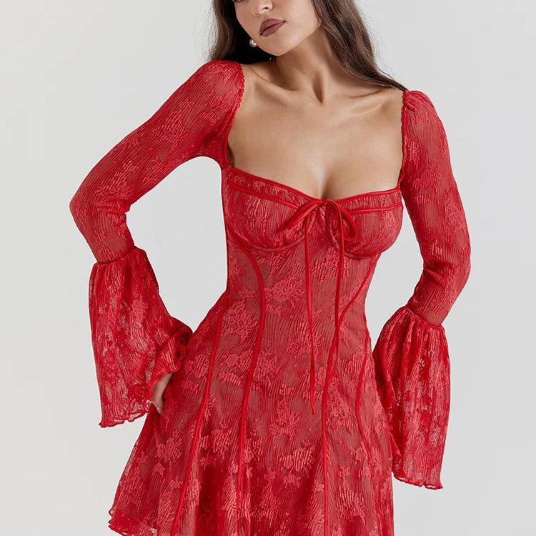 Elegant Backless Long Flare Sleeve Print Mini Dress Women Fashion square collar A-line Pleated Club Party Sexy Dress Red