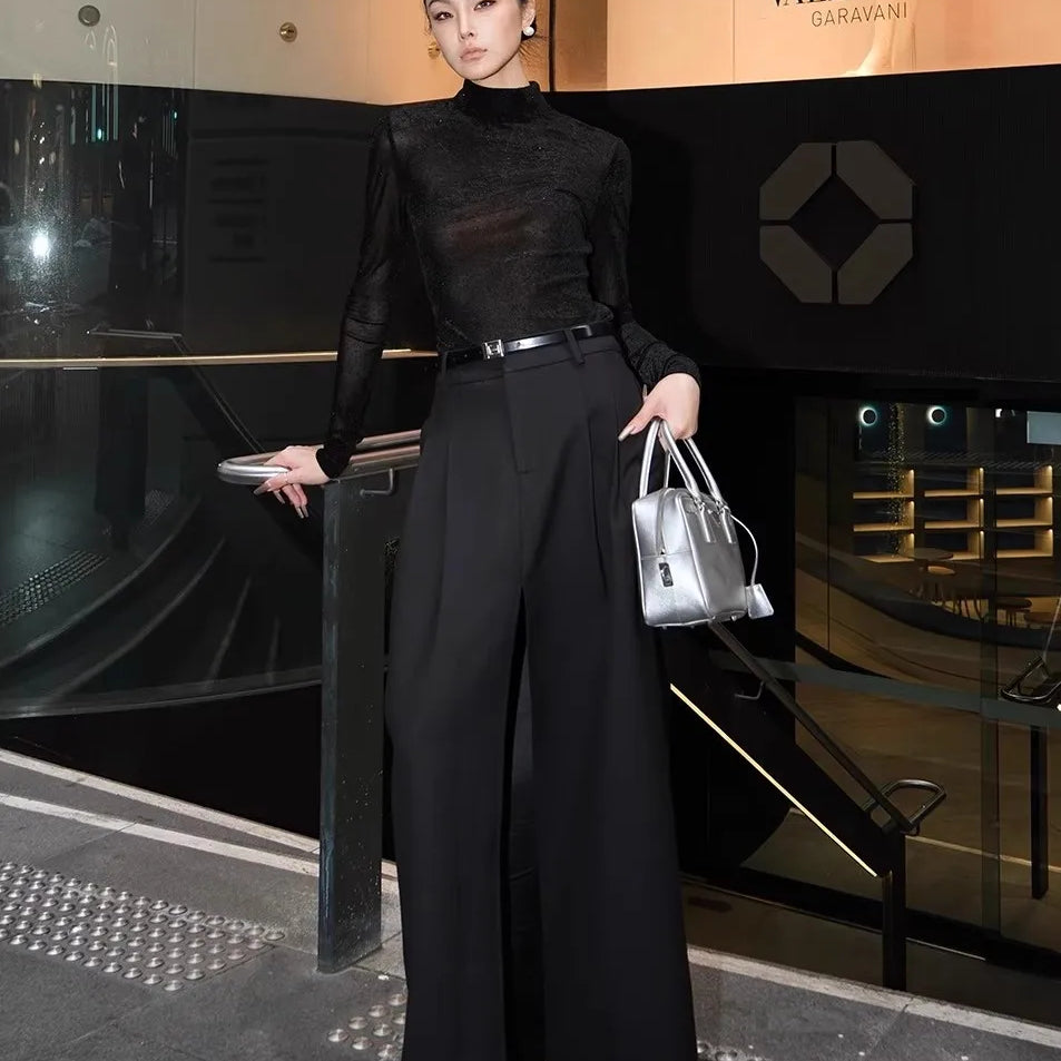 Lautaro Spring Summer Black Flowy Floor Length Skirt Women with Front High Slit High Waist Elegant Chic Luxury Designer Clothes