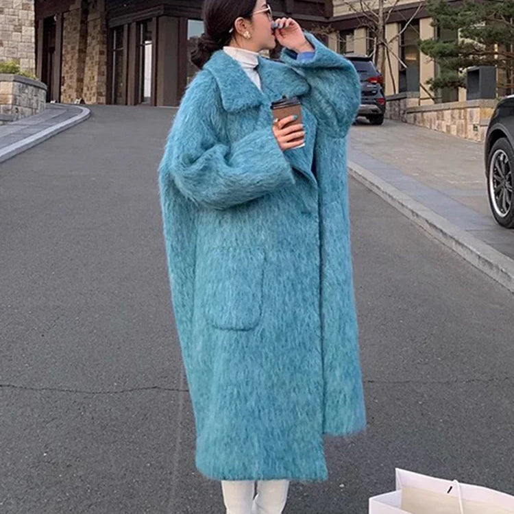 Winter Long Blue Fluffy Oversized Warm Wool & blends Coat for Women Single Button Pockets Luxury Clothes Woolen Overcoat