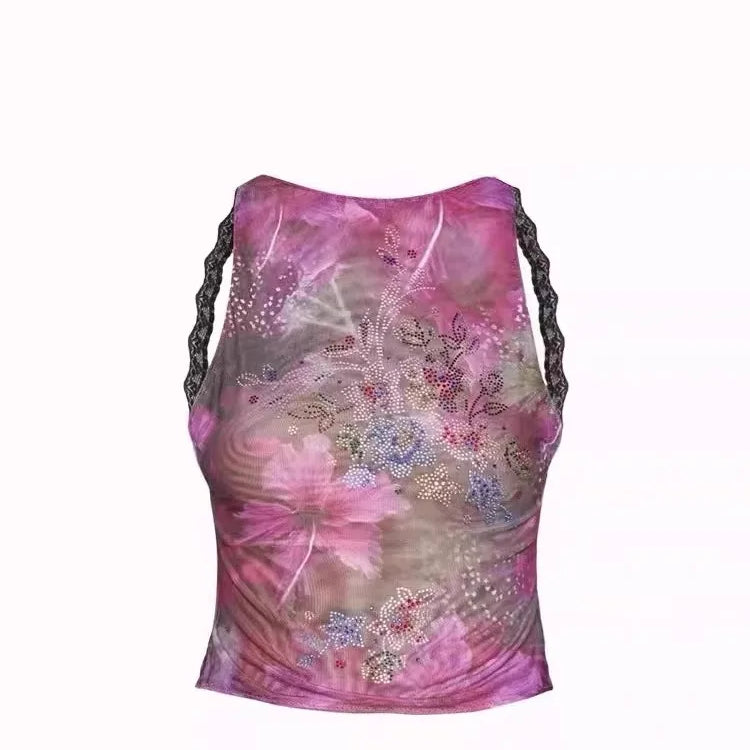 Jaded London Spring/Summer New Spicy Girl Diamond Set Printed Tank Top Short Style Tie Dye Sexy Slimming Bareback Top PURPLE