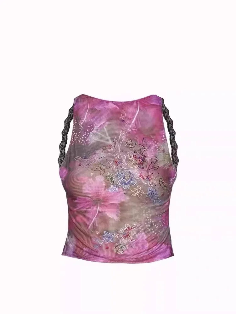 Jaded London Spring/Summer New Spicy Girl Diamond Set Printed Tank Top Short Style Tie Dye Sexy Slimming Bareback Top PURPLE