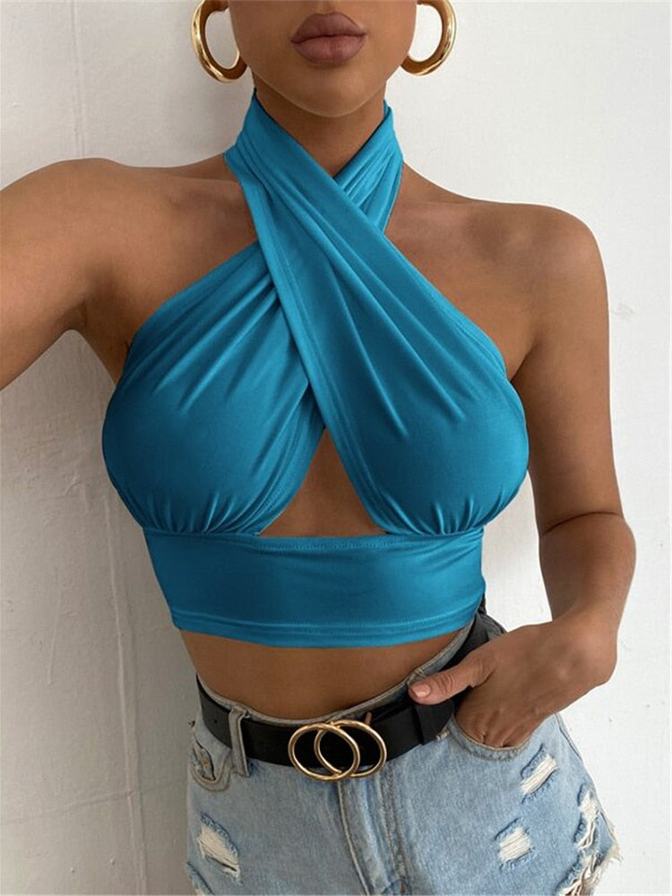 Women Summer Tank Tops Sexy Solid Color Cross Halter Neck Push Up Hollow Crop Tops High Street Wear 2024 New Fashion Blue
