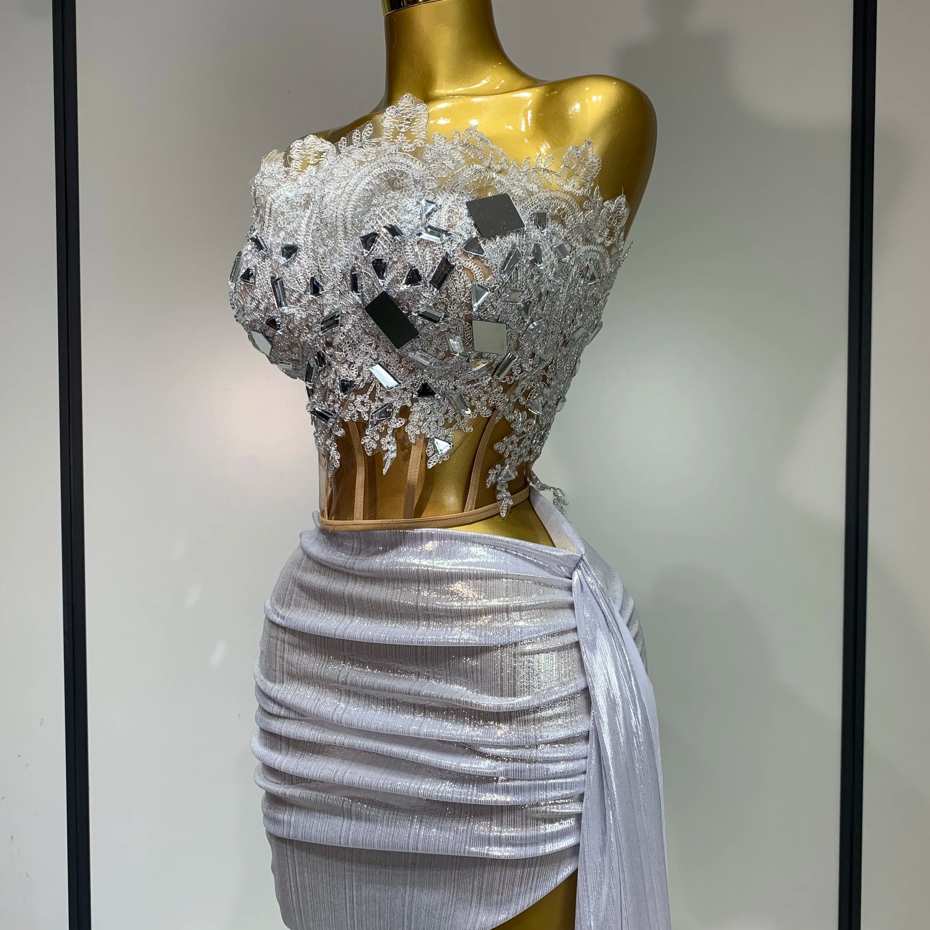 Newest 2025 Sparkly Blue Crystals Sequins Sexy Strapless Short Dress for Women Party Birthday Nightclub Singer Dancer Stage Wear