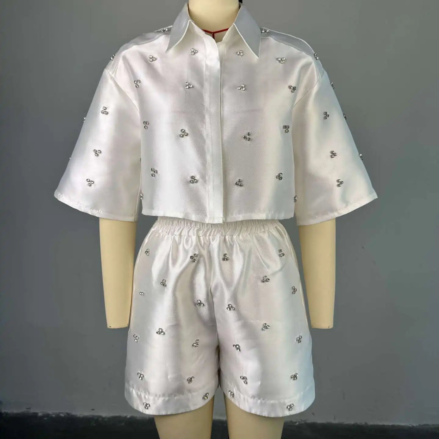 CM.YAYA Fashion Beading Women's Set 3/4 Sleeve Shirt Tops and Shorts Sets 2025 Summer Street Two 2 Piece Sets Outfits Tracksuit