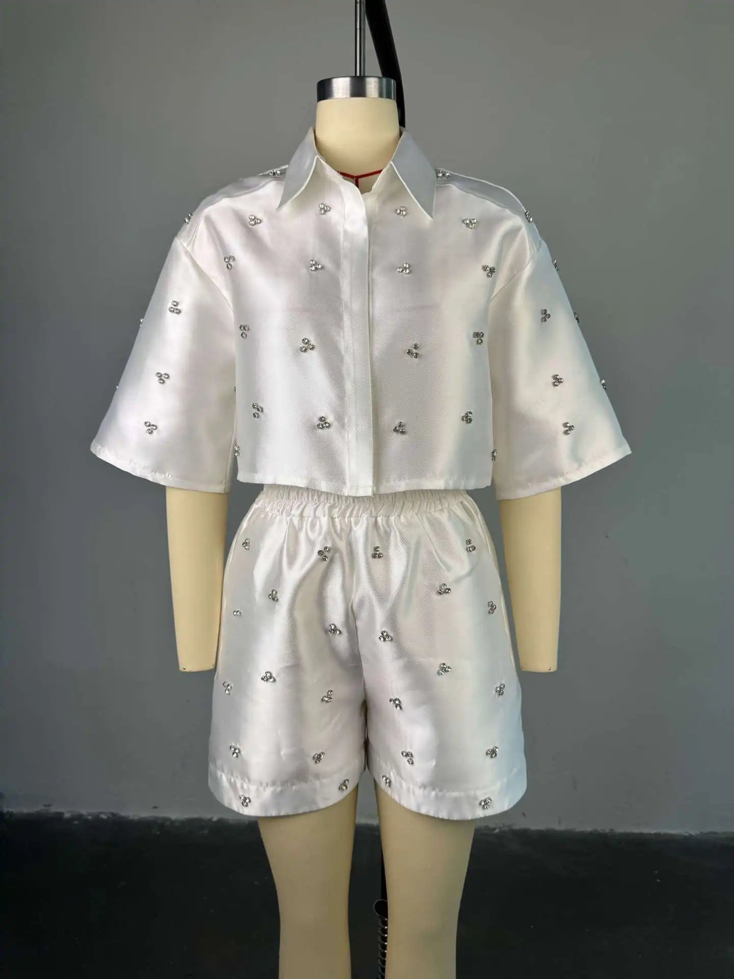 CM.YAYA Fashion Beading Women's Set 3/4 Sleeve Shirt Tops and Shorts Sets 2025 Summer Street Two 2 Piece Sets Outfits Tracksuit