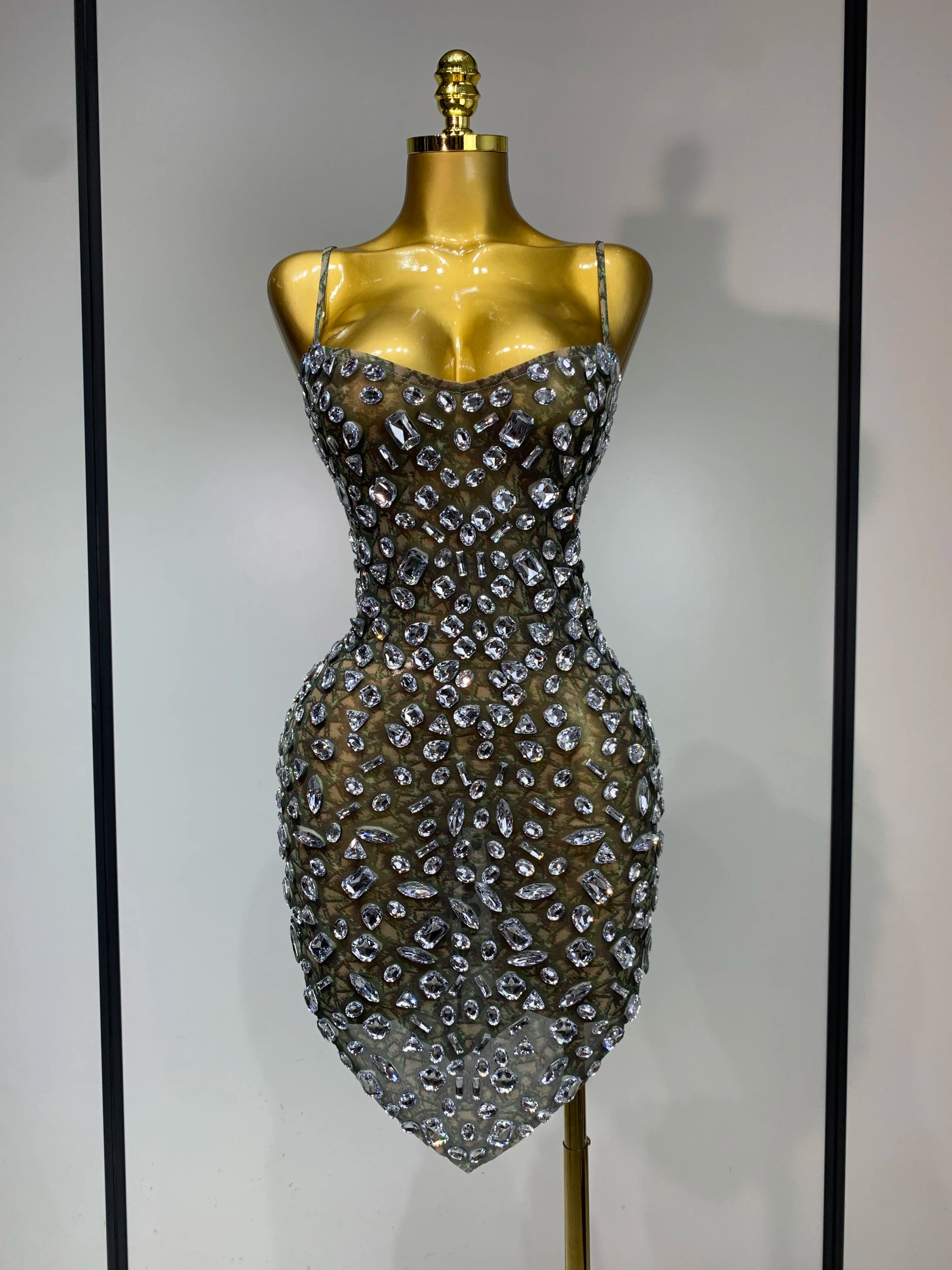 Luxury Diamond Mesh See Through Stretch Bodycon Dress Women Sexy Sleeveless Evening Party Birthday Celebrate Perform Costume Dark Green