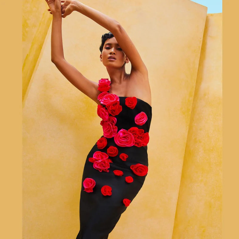 Red Flowers Strapless Black Bandage Ankle Length Dress Elegant Woman Evening Party Dress Cocktail Party Vestido