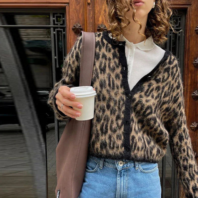 Vintage Leopard Print Mohair Women Cardigans Knitted O-neck Single Breasted Short Sweater Autumn Lady Casual Streetwear New Leopard print
