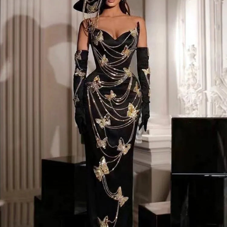 Fashionable Gloves Gold Shining Diamond Butterfly Strapless Black Long Dress Celebrity Luxury Evening Dress Performance costume black