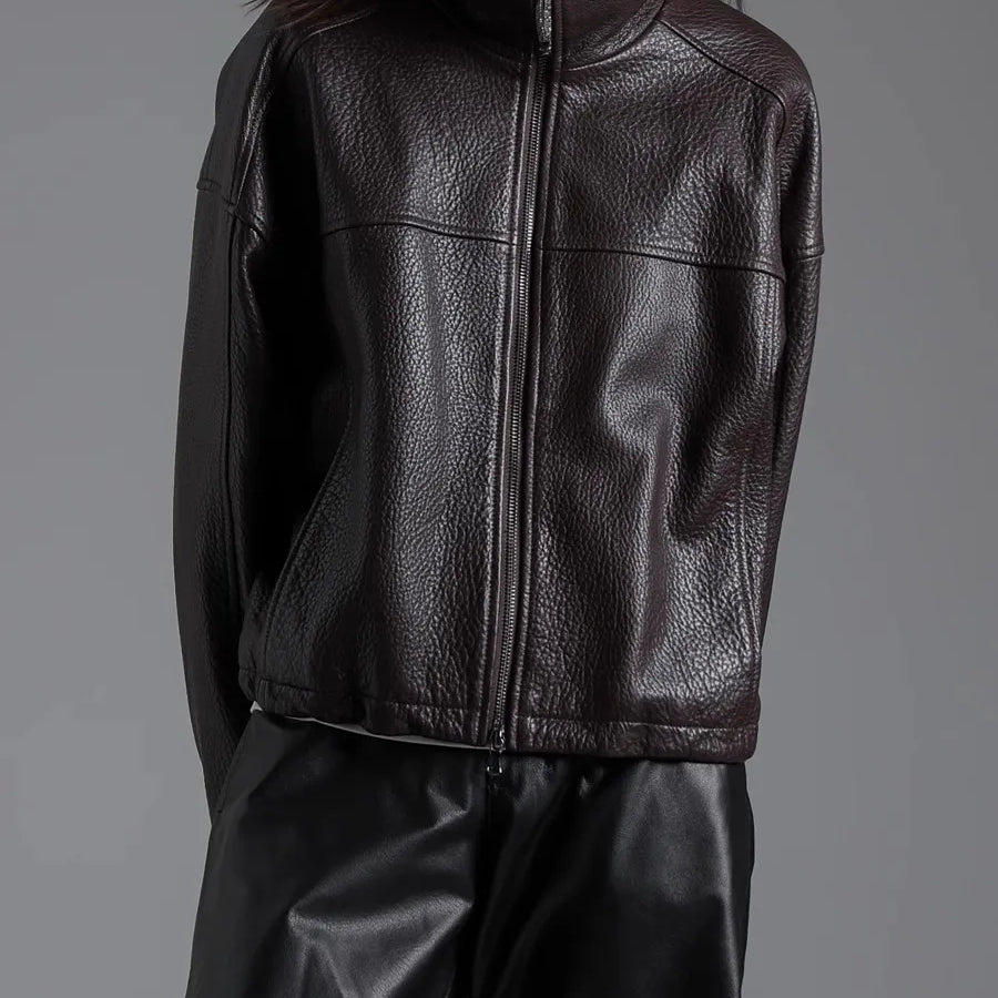 Lautaro Spring Autumn Cool Waterproof Short Brown Pu Leather Jacket Women with Long Raglan Sleeve Zip Up Luxury Designer Clothes