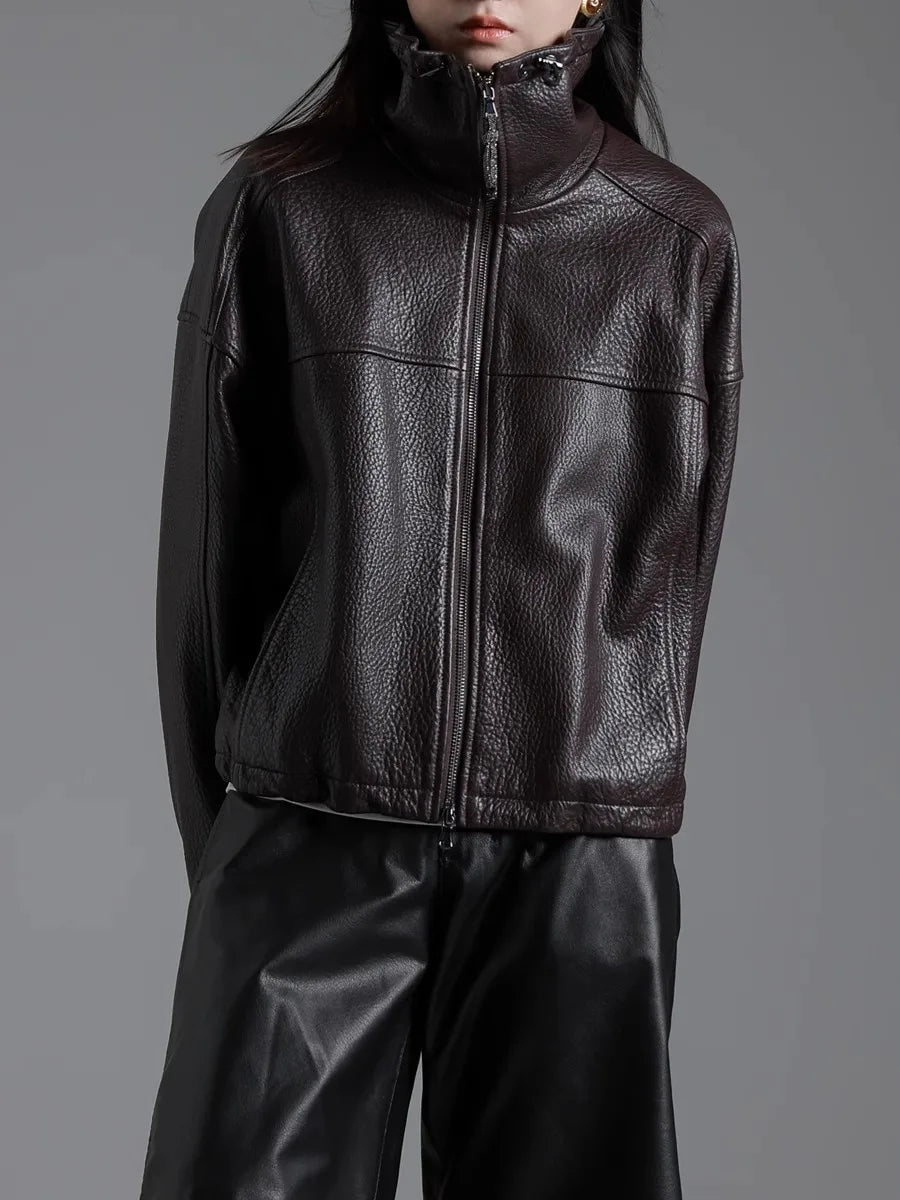 Lautaro Spring Autumn Cool Waterproof Short Brown Pu Leather Jacket Women with Long Raglan Sleeve Zip Up Luxury Designer Clothes