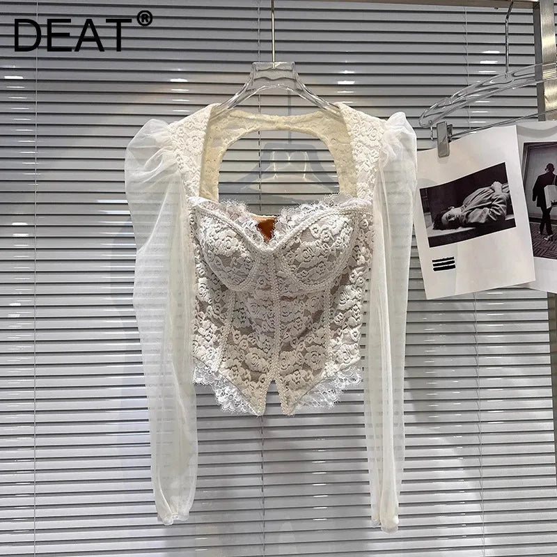 Winter New Fashion Square Neck Mesh Sleeve Fishbone Waist Slim Fit Lace Blouse For Women Backless Shirts 11A07517