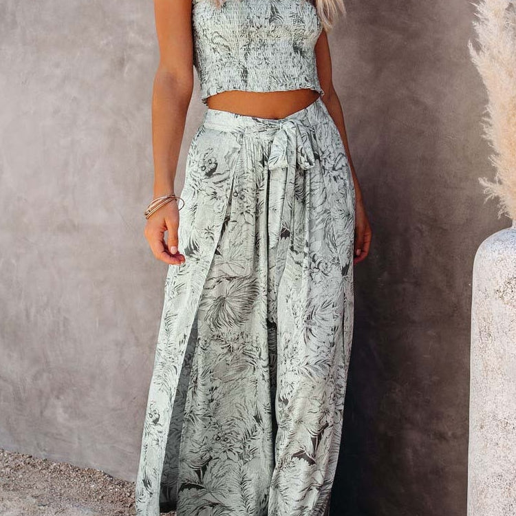 Sexy 2 Pieces Sets Blue Printing Summer Women Floral Clothes Sets Tank Top Wide Leg Pants Outwear Green
