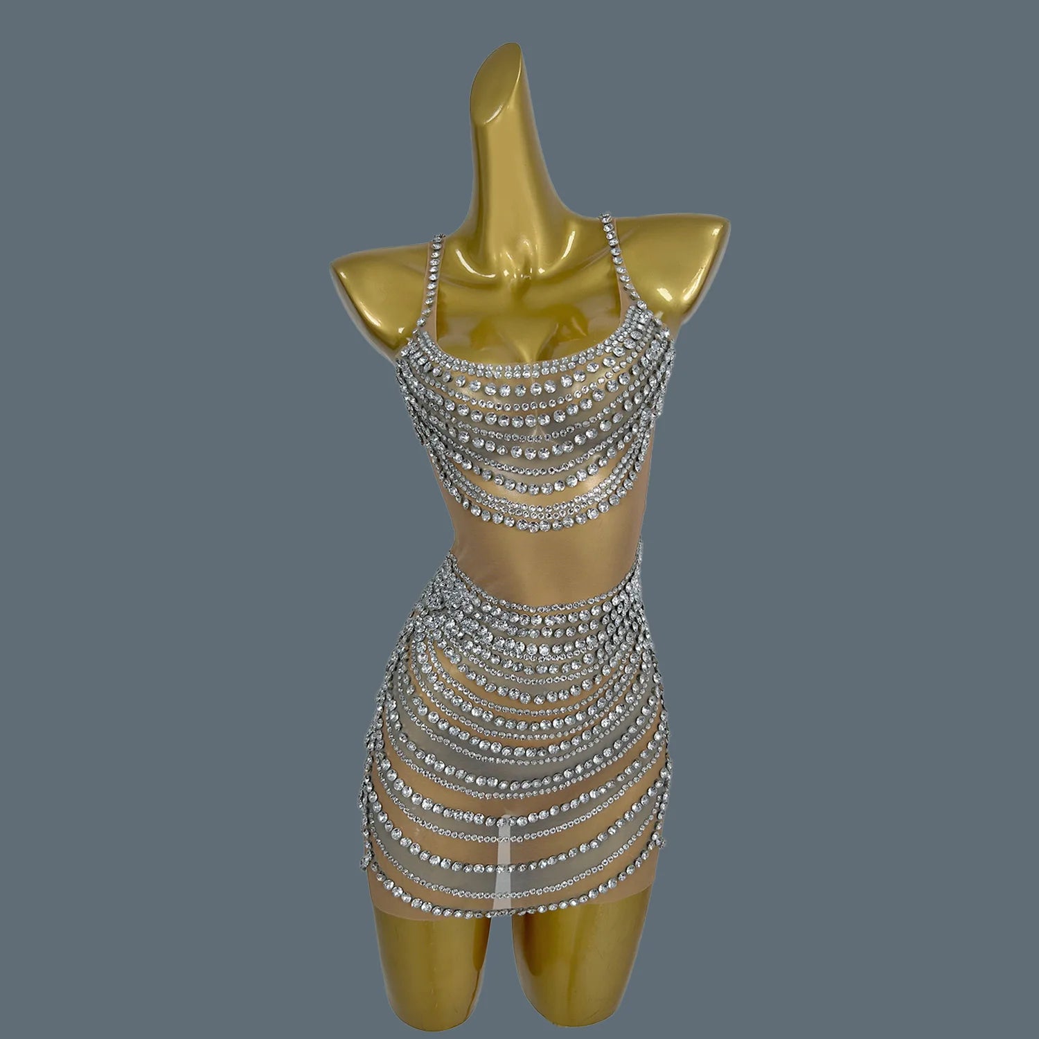 Elegant Party Dresses Luxury Women Sexy See Through Performance Costume Prom Crystals Diamonds Gowns Singer Stage Wear Fanwan Nude One Size