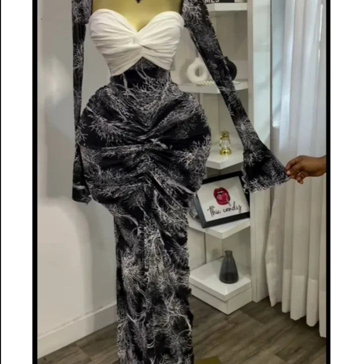 Women Leaf Printed Stacked Ruched Draped V-neck Maxi Long Bodycon Dress 2025 Holiday Birthday Club Party Evening Dresses black