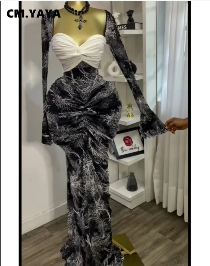 Women Leaf Printed Stacked Ruched Draped V-neck Maxi Long Bodycon Dress 2025 Holiday Birthday Club Party Evening Dresses black