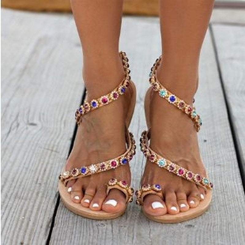 Summer Women Sandals Sweet Boho Pearl Decoration Sandals Leather Flats Plus Size Women Beach Sand Holiday Shoes Zapatos multicolor