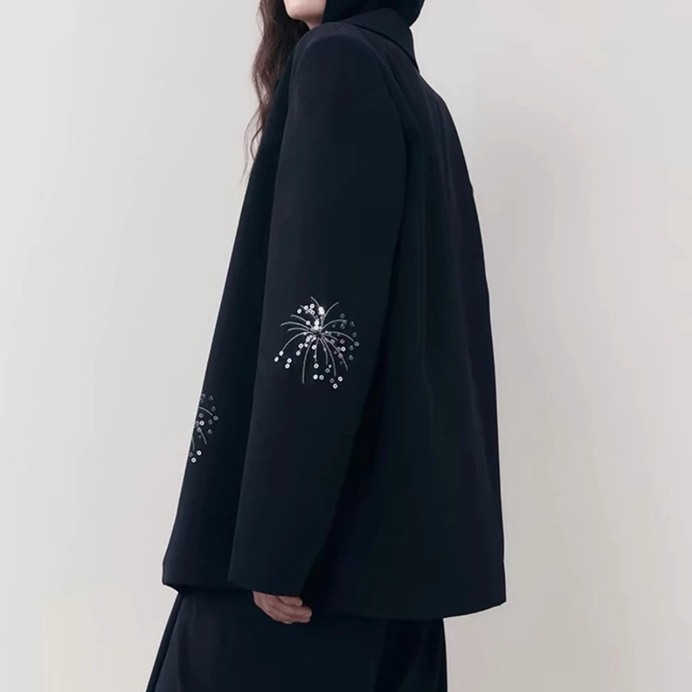 Solid Spliced Sequin Elegant jackets for Women Lapel Long Sleeves Patchwork Single Breasted Casual jacket Female