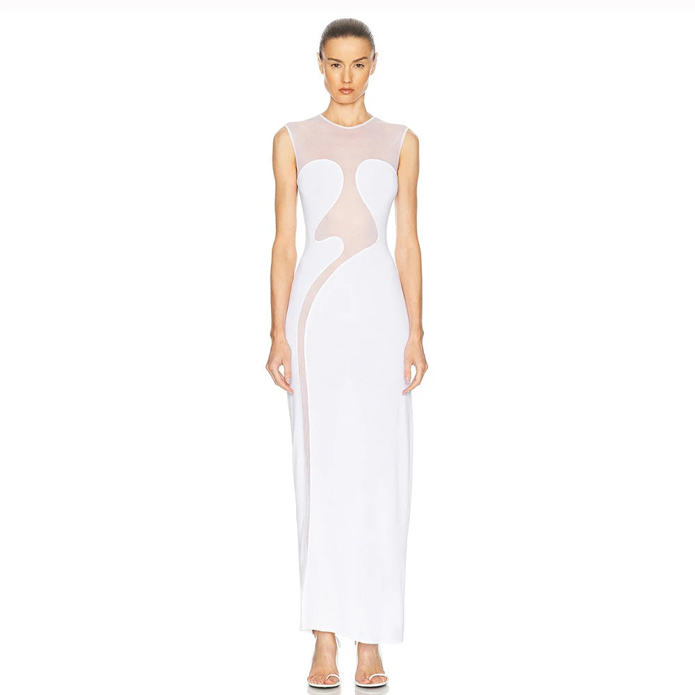 Elegant Mesh Patchwork Sleeveless Bodycon Party Club Evening Dress Sexy Bodycon Perspective Vestido 2025 Summer Clothing MULTI