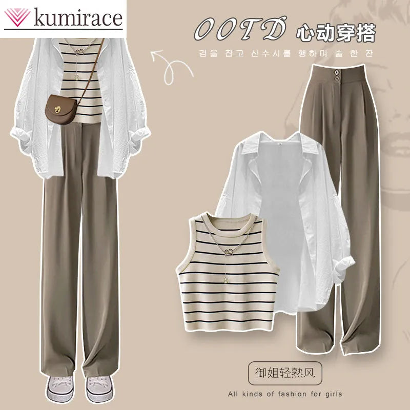 Spring and Autumn Set Women's 2024 New Large Women's Casual Shirt Knitted Tank Top High Waist Wide Leg Pants Three Piece Set