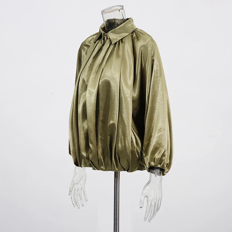 Solid Spliced Folds Casual Jackets for Women Lapel Long Sleeves Patchwork Zipper Temperament Jacket Femlae Fashion