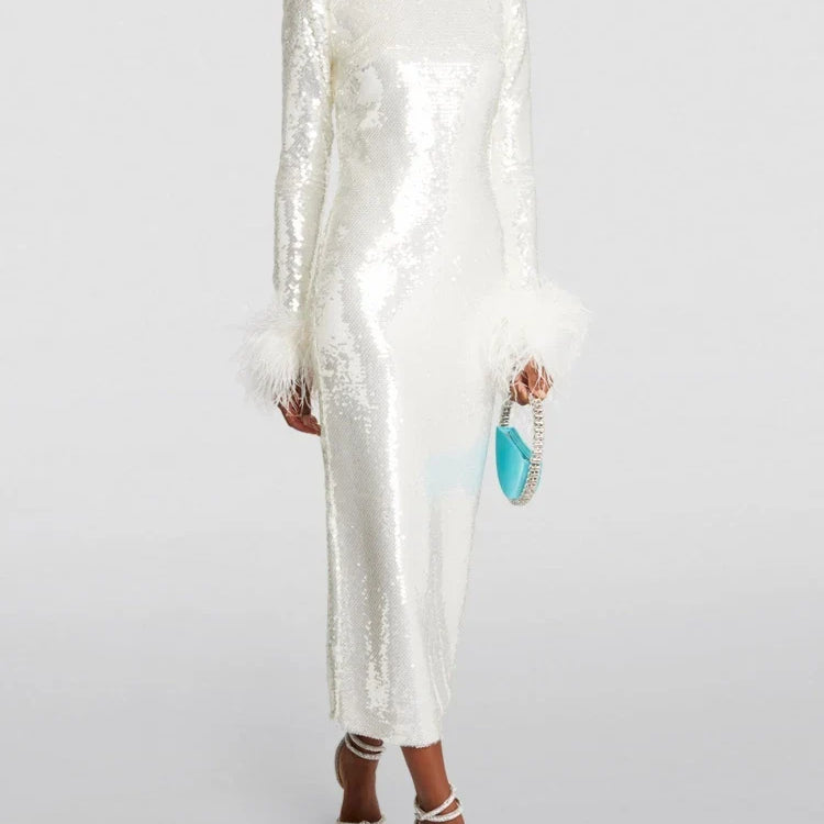 New Women O Neck Long Sleeve Luxury Sequin Feather Midi Dress Elegant Celebrity White Sequinned Bodycon Dress Evening Party Club