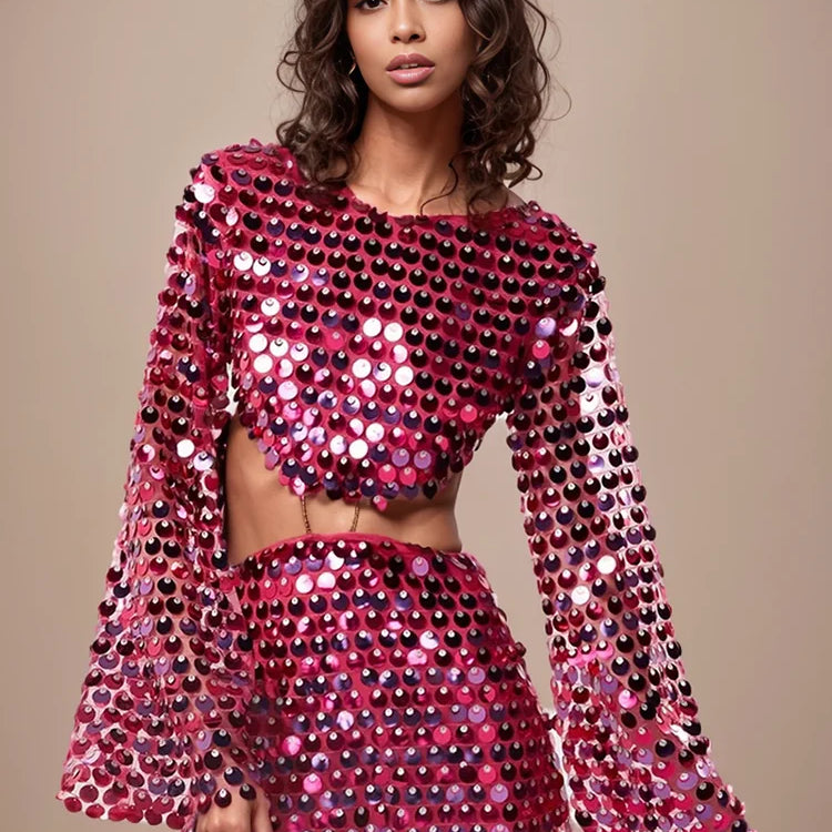 DEAT Fashion Trendy Women's Hollow Out Sequins Irregular Dress Spring New O-neck Long Sleeves Dresses Female 33A1208 Rose Pink